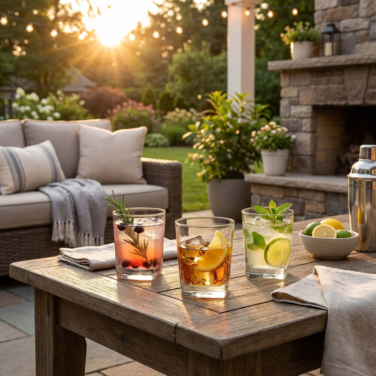 Vasos City Whisky DOF de vidrio de 360 ml con cócteles servidos en terraza o jardín