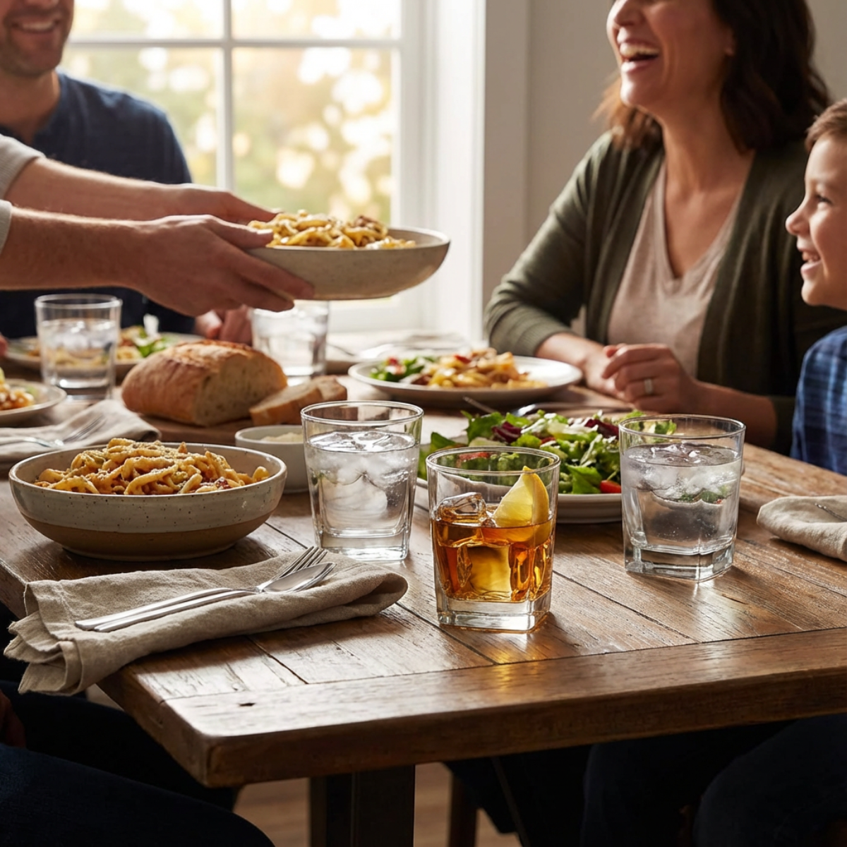Vasos City Whisky DOF de vidrio de 360 ml servidos en mesa familiar durante una comida en casa