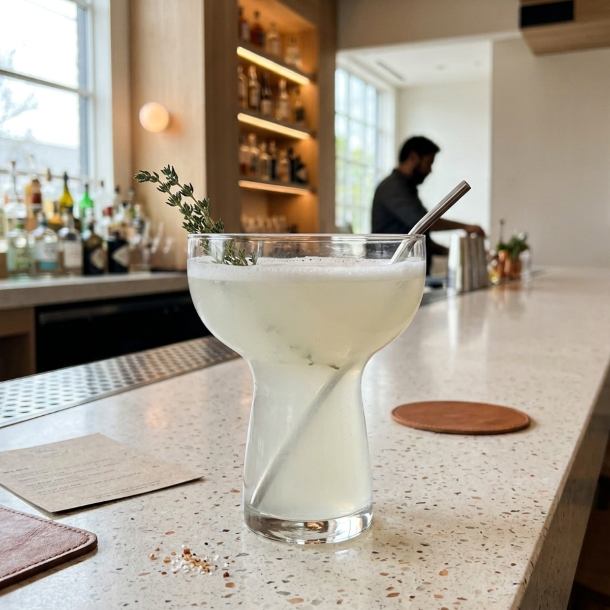 Un cóctel nublado con espuma en una copa de diseño moderno, adornado con una ramita de tomillo fresco y una pajita de metal. El cóctel se encuentra sobre una barra de bar de terrazo con virutas de mármol. En el fondo desenfocado, hay estanterías de licores iluminadas, un camarero sirviendo y otros clientes. Hay posavasos de cuero y un menú en primer plano.