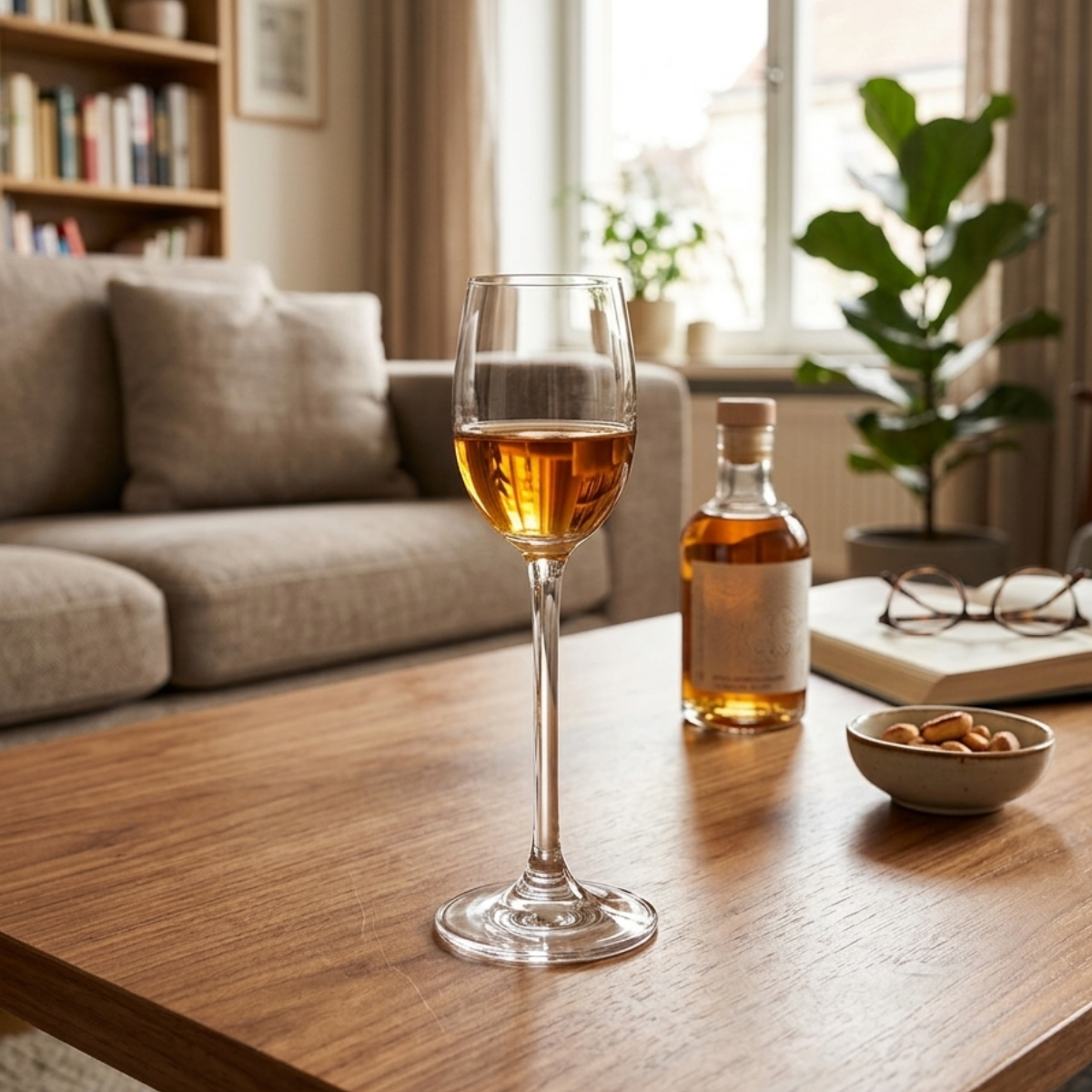 Un primer plano de una elegante copa de licor de tallo largo, llena de licor ámbar, sobre una mesa de centro de madera de nogal en una acogedora sala de estar. Al fondo, hay una botella de licor Colibri 65, un tazón de nueces variadas y un libro abierto con gafas de lectura.