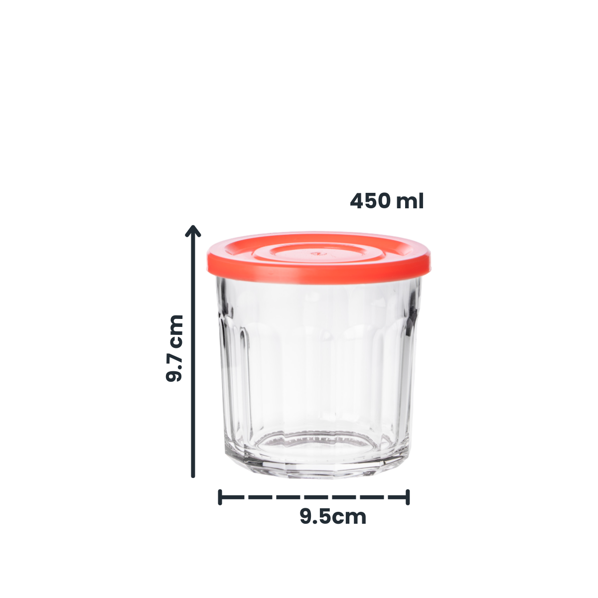 Frasco de vidrio 450 ml con tapa roja hermética y medidas del producto