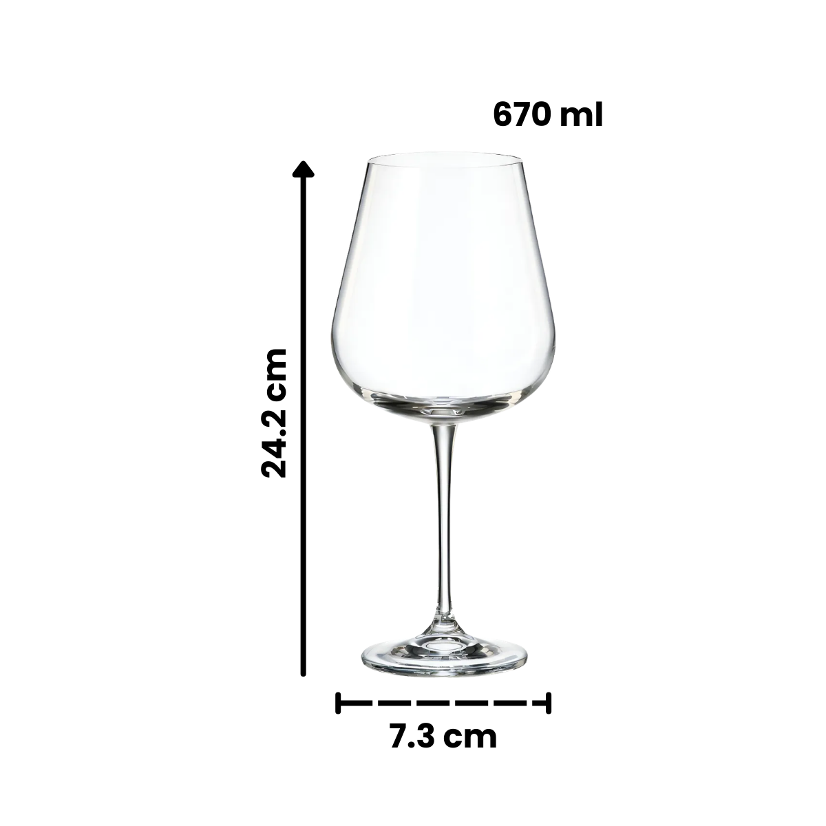 Copa Ardea 670 ml con medidas 24.5 cm de altura y 7.3 cm de diámetro, ideal para vino tinto.