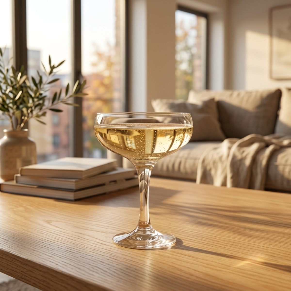 Elegante copa de cristal tipo coupe (o saucer) estilo vintage, llena de champaña dorada con burbujas finas, colocada sobre una mesa de madera en un salón moderno y acogedor con luz natural. Esta cristalería versátil es ideal para uso diario, brindar en casa con vino espumoso o prosecco, y para servir cócteles clásicos como un Daiquiri o Manhattan, transmitiendo calidez y lujo cotidiano