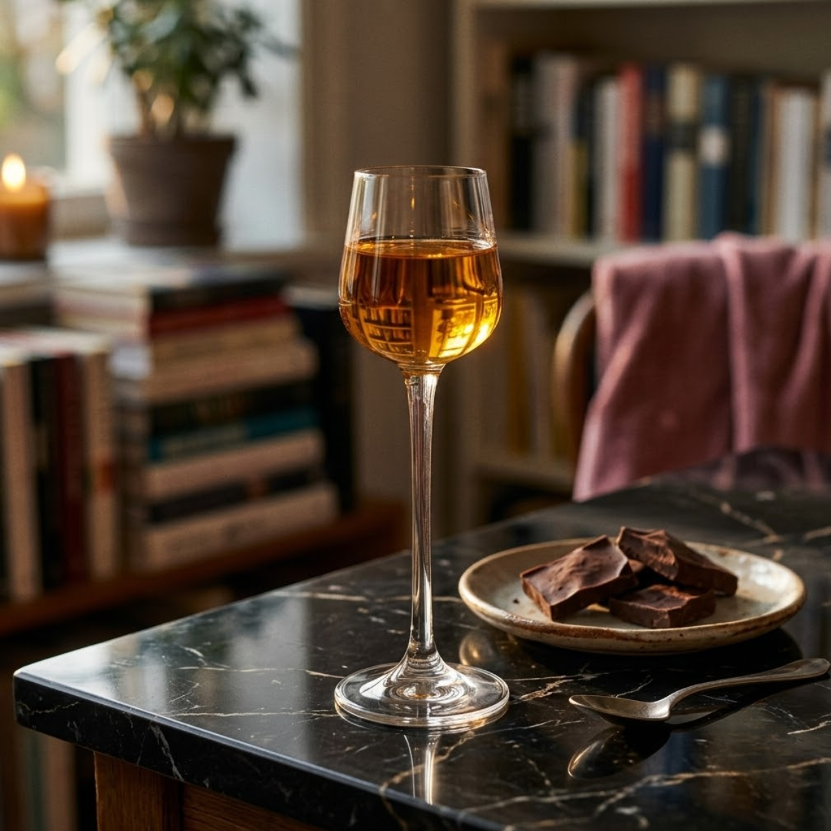 Una copa de cristal elegante y con tallo, llena de un licor de color ámbar, se encuentra en primer plano sobre una mesa de madera rústica. 