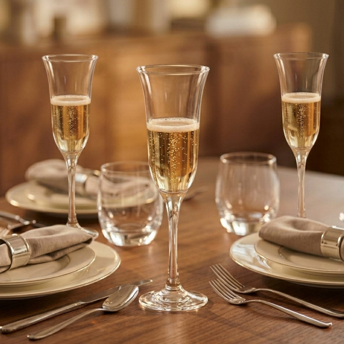 Un primer plano de tres elegantes copas de champaña tipo flauta modelo Elba, hechas de vidrio y con una capacidad de 170 ml. Las copas están llenas de champaña burbujeante y están dispuestas en una mesa de comedor de madera formalmente puesta, junto a vasos de agua, platos con borde dorado y servilletas de lino gris, creando un ambiente de cena formal.