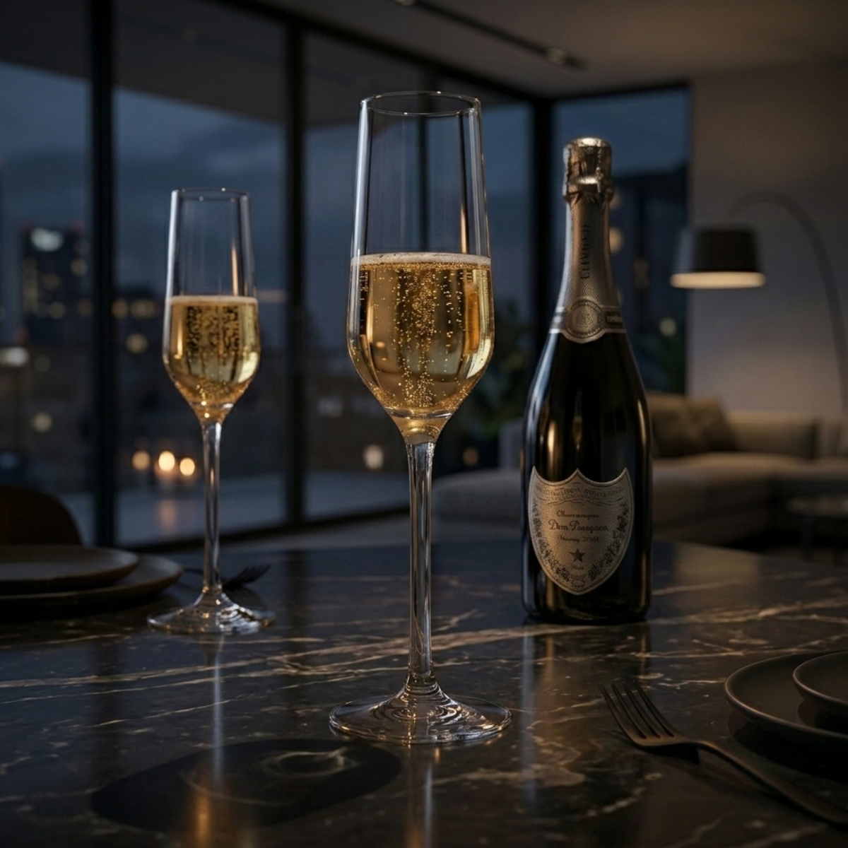Dos copas flauta de cristal transparente servidas con champaña sobre una elegante mesa de mármol oscuro, acompañadas de una botella de champaña en un ambiente cálido de cena romántica.