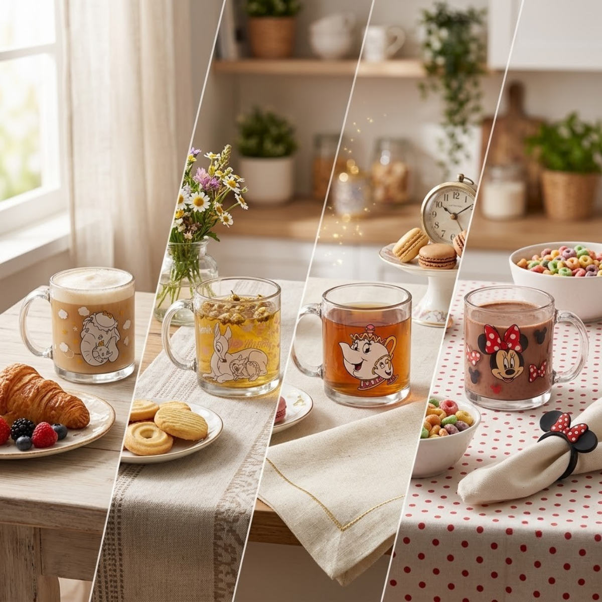 Juego de tazas de vidrio 384ml de tus personajes favoritos de disney para mama, abuela o regalo, minnie, dumbo, bambi,o chip de la bella y la bestia juego de 1 o 4 piezas