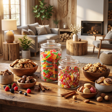 Contenedores Emporium de vidrio con tapa elegante para galletas y dulces en mesa decorativa