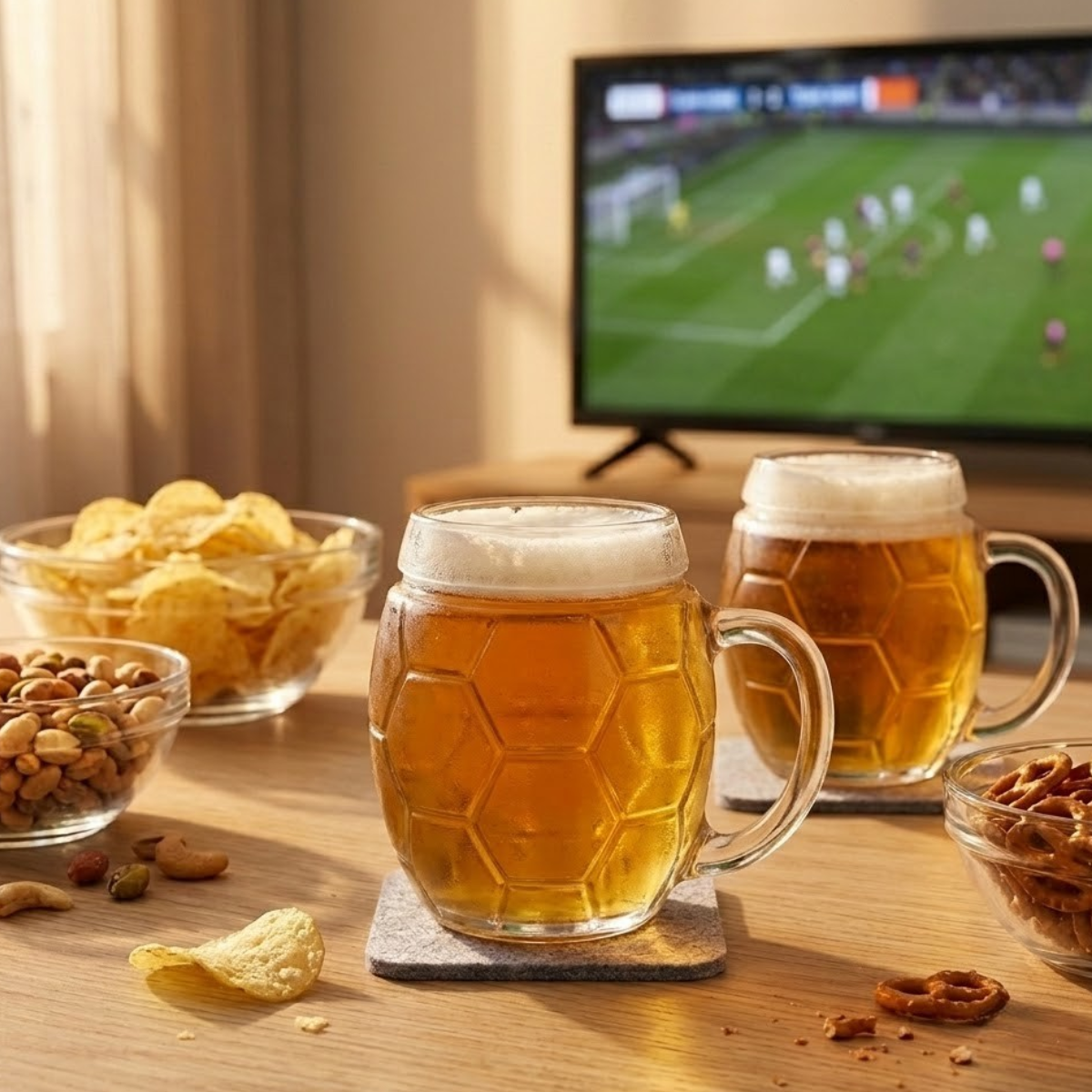 tarros de cerveza forma de balón de futball para ver el mundial o tu equipo favorito en familia o con amigos
