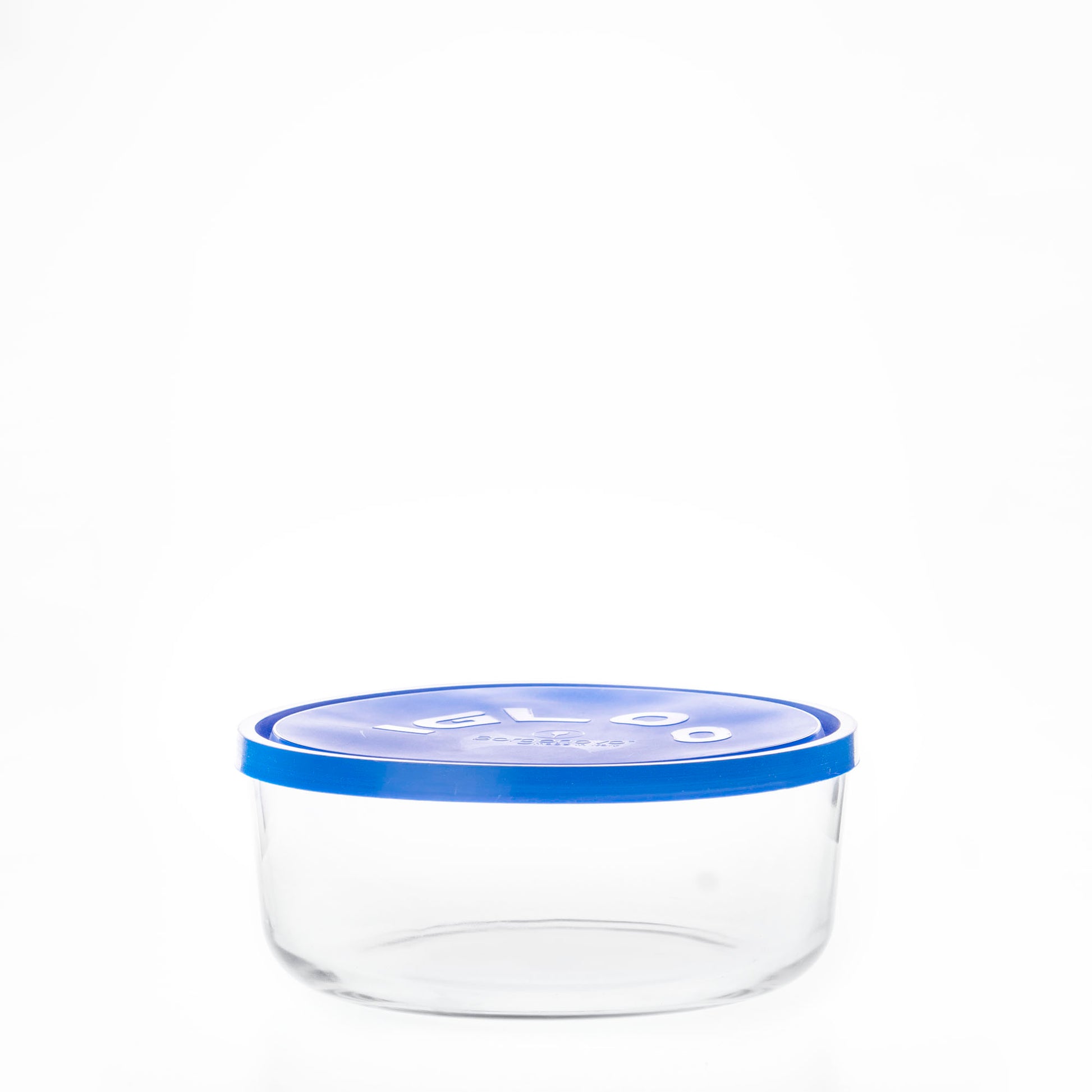 tazon de vidrio redondo con tapa azul para cualquier sobra de comida apilable de 21.5 cm