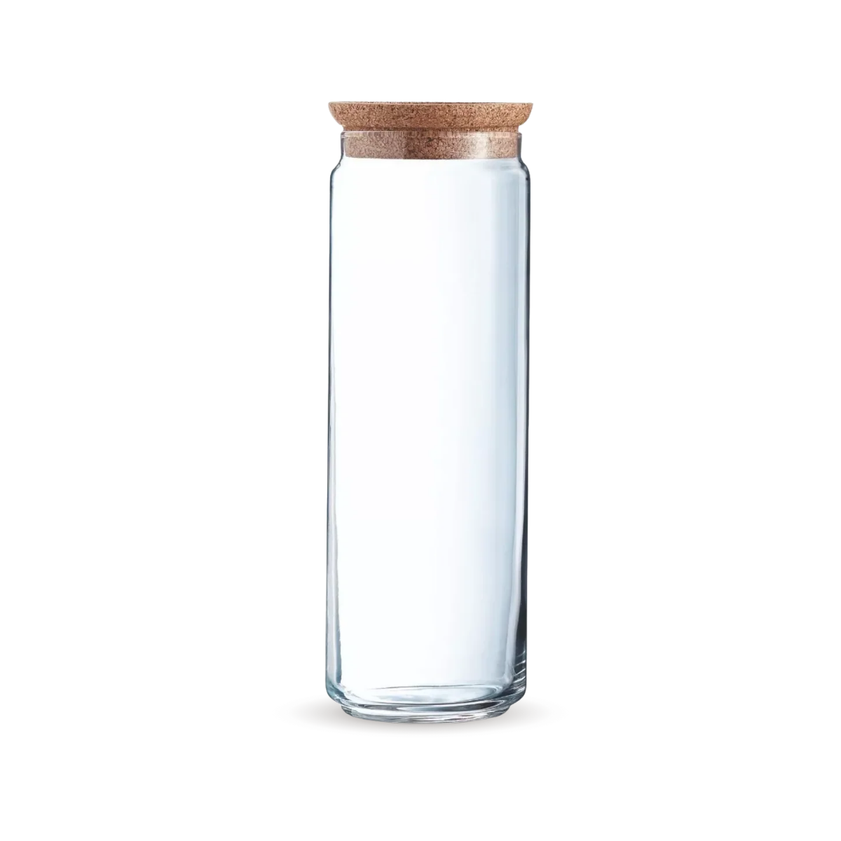 contenedor transparente de 2l con tapa de corcho para almacenar.