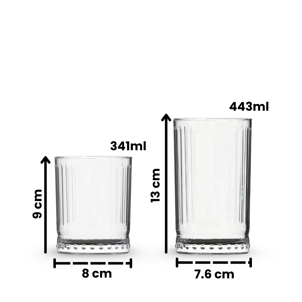Medidas y capacidades de los vasos Galata de vidrio en 341 ml y 443 ml