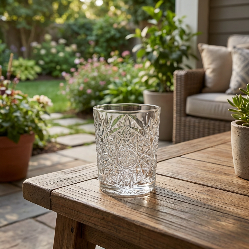 vaso tipo cortado hobstar en un patio mesa de madera