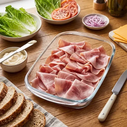 mesa de madera con un refractario rectangular de vidrio con jamón en el interior listo para ser servido en sandwiches con verdura y queso.