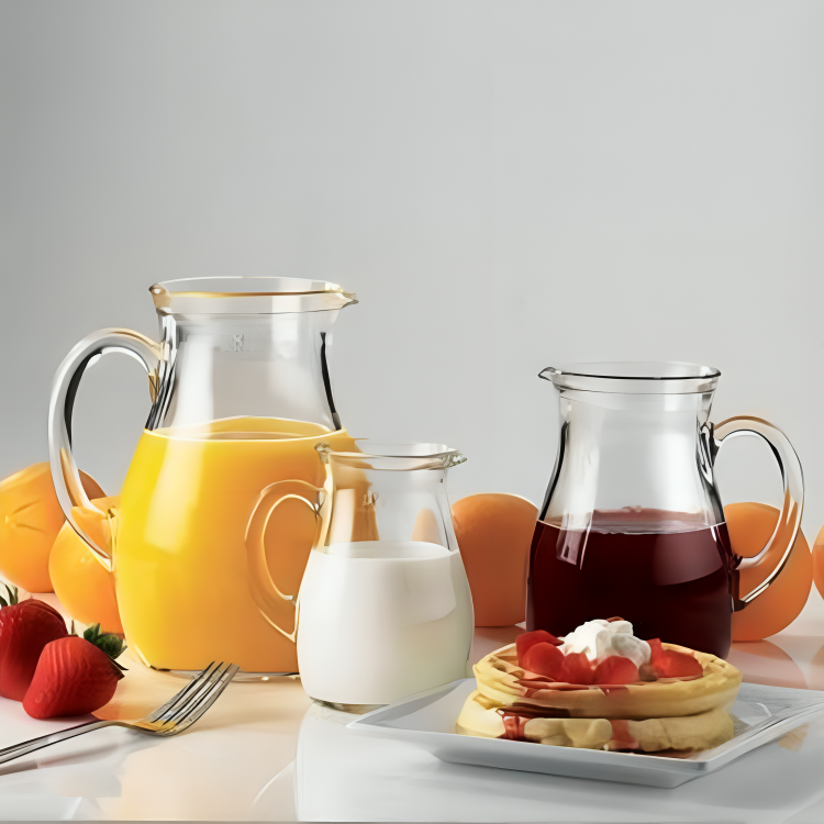 tres jarras de varios tamaños en una mesa de desayuno con diferentes bebidas