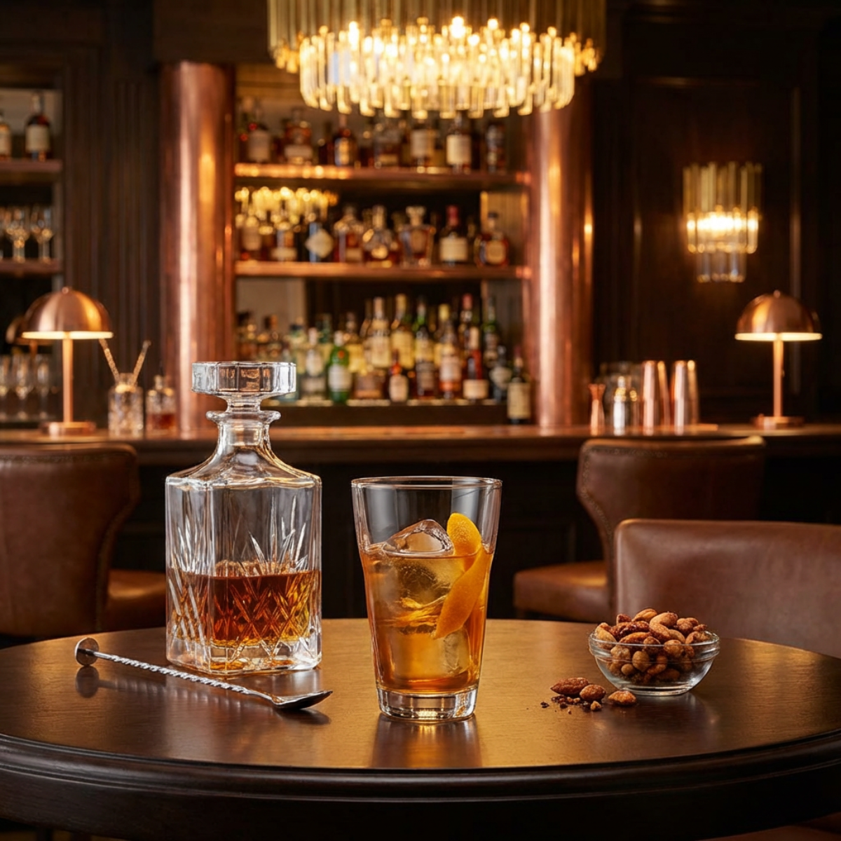 Vaso Jazz de vidrio de 330 ml servido con whiskey en mesa de bar