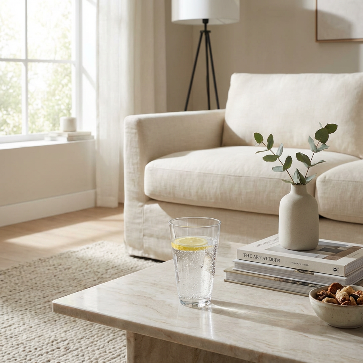 Vaso Jazz de vidrio de 330 ml con agua sobre mesa de sala de la casa