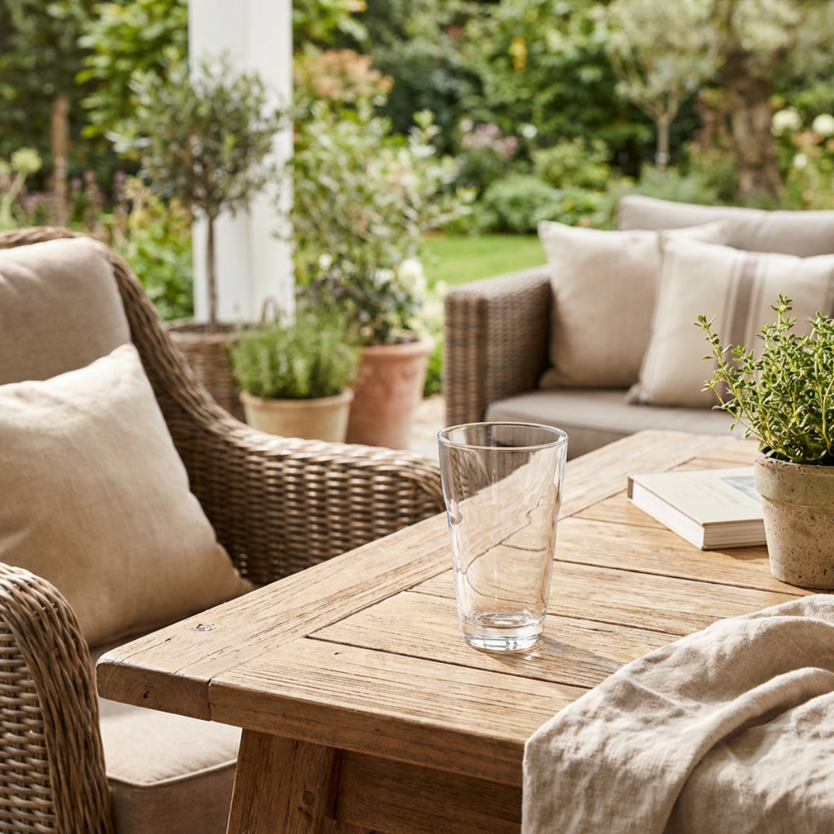 Vaso Jazz de vidrio de 330 ml sobre mesa exterior en un patio