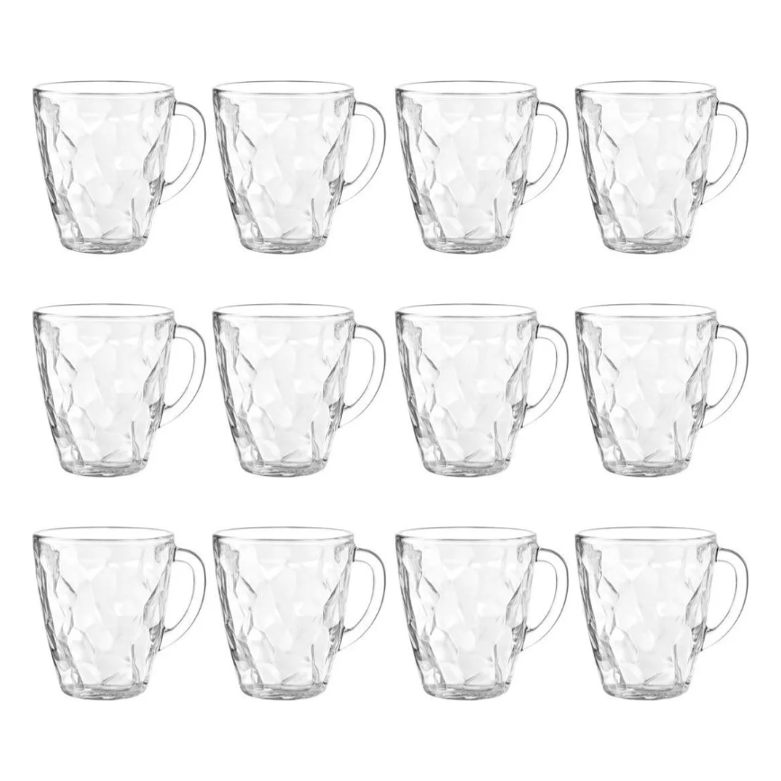 Juego completo de 12 tazas de vidrio Alaska de 345 ml, diseño facetado transparente ideal para café, té o bebidas frías.