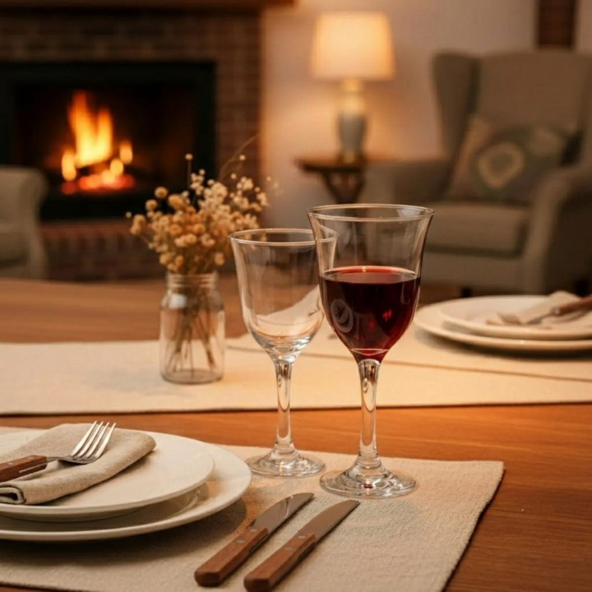 Vista de cerca de dos elegantes copas de cristal Alba para vino, una vacía y la otra llena de vino tinto, colocadas sobre manteles individuales de lino en una mesa de comedor de madera con platos y cubiertos. En el fondo desenfocado hay una chimenea encendida acogedora y un sillón. Estas copas Alba están disponibles en variantes de 270 ml y 320 ml.