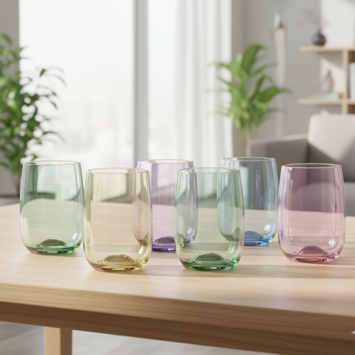 Juego de vasos de vidrio en colores suaves para uso diario en ambiente hogareño