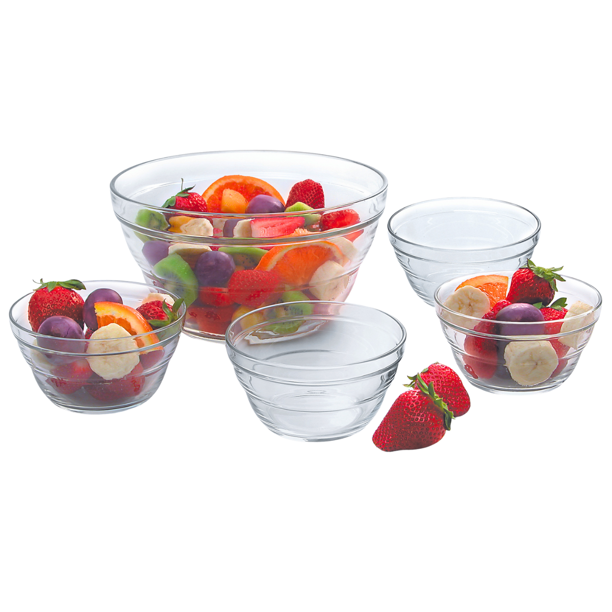 varios tamaños de bowls lambada con frutas en fondo blanco