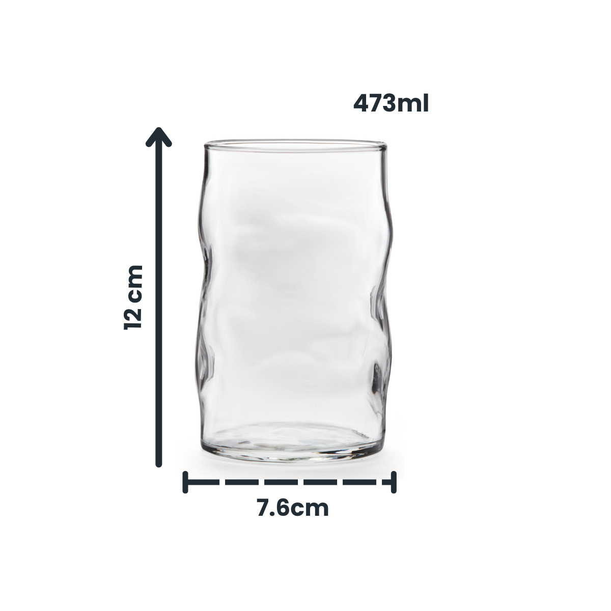 Vaso Lava de vidrio de 473 ml mostrando medidas y dimensiones del diseño ondulado