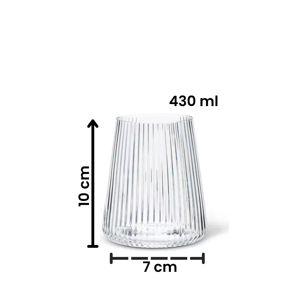 Vaso Lines de vidrio mostrando medidas y capacidad aproximada de 430 ml