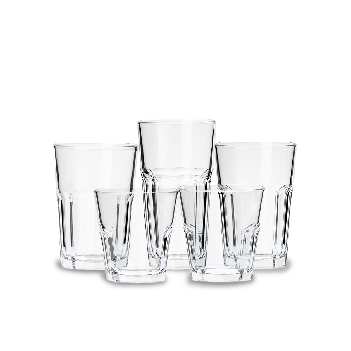 Juego de 6 vasos de vidrio Borgonovo London en presentación transparente sobre fondo blanco