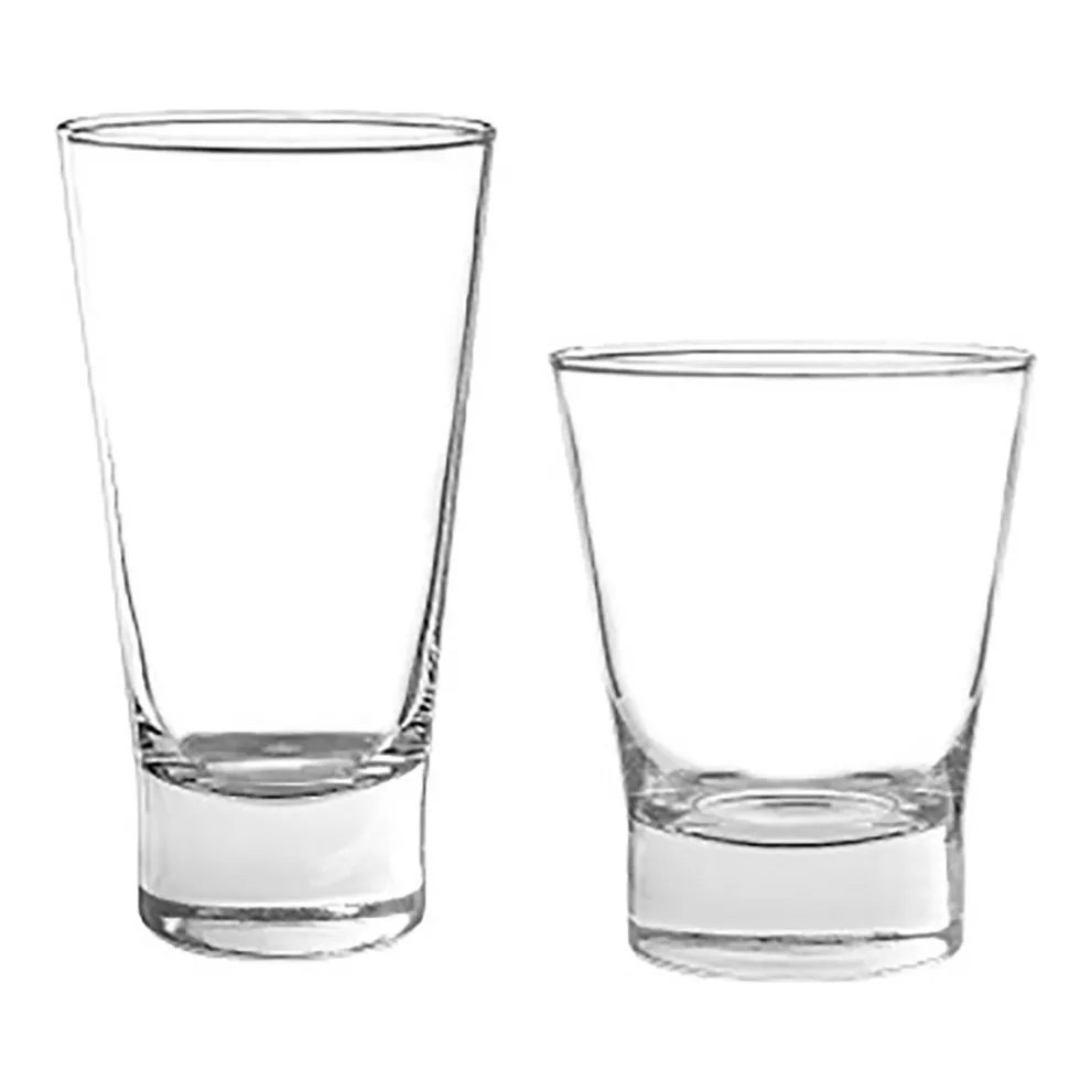Set de 12 vasos de vidrio London con vasos altos y bajos en diseño clásico transparente