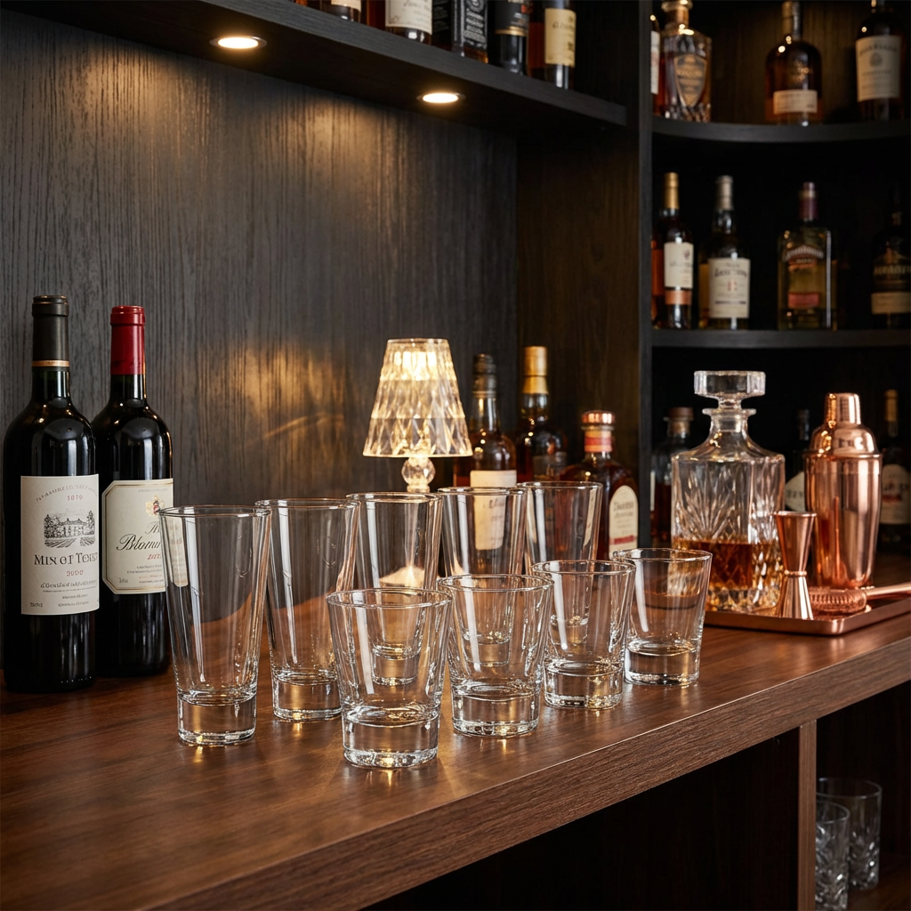 Set de vasos London de vidrio colocados en barra de restaurante para servicio de bebidas