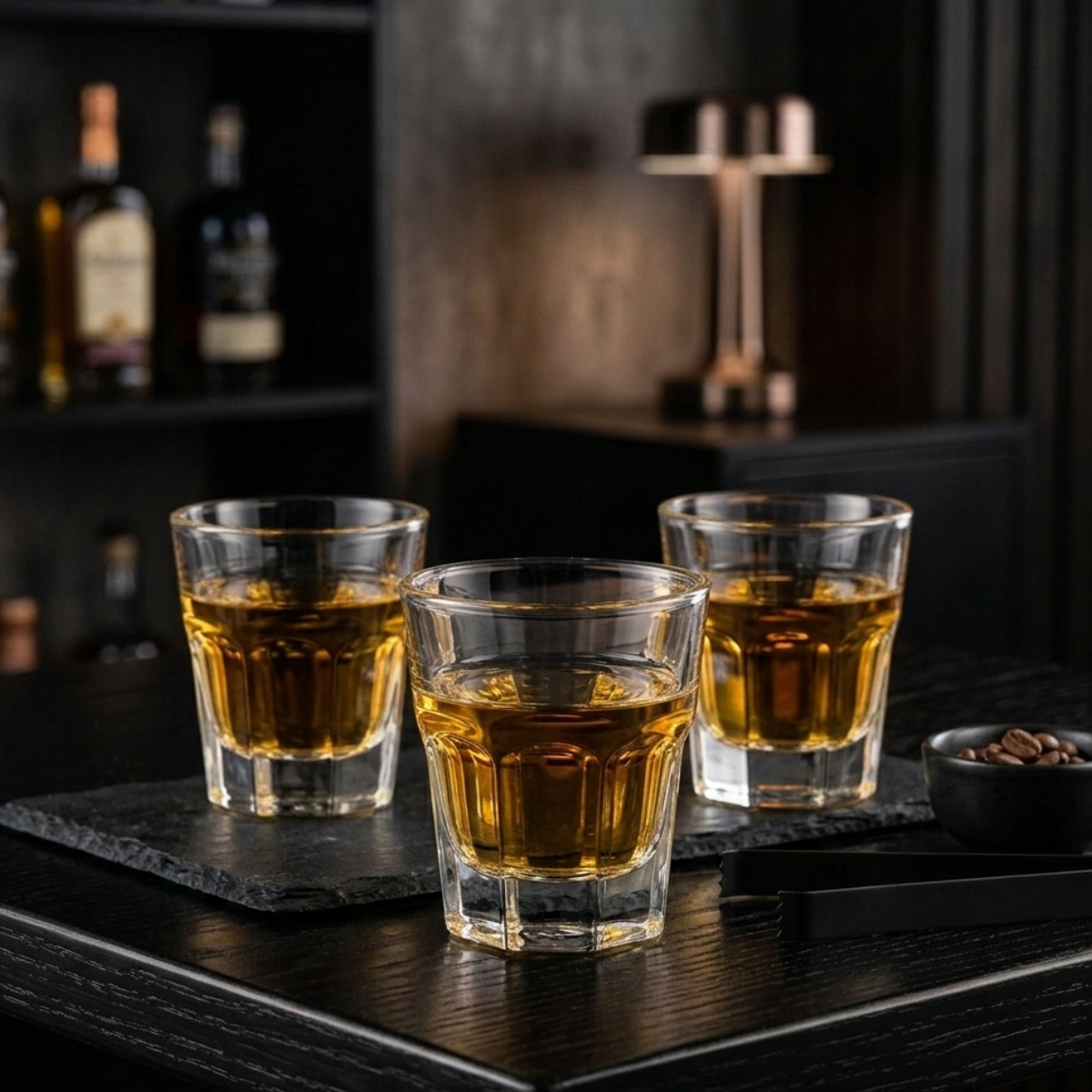 tequileros london de 42 ml en mesa oscura sala de hombres.