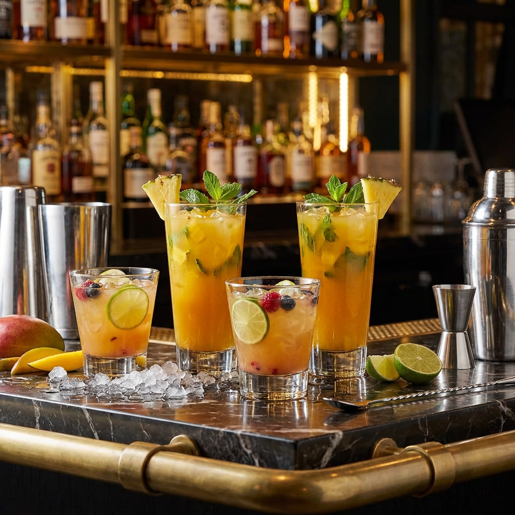 Vasos de vidrio London servidos con cócteles en barra de bar profesional