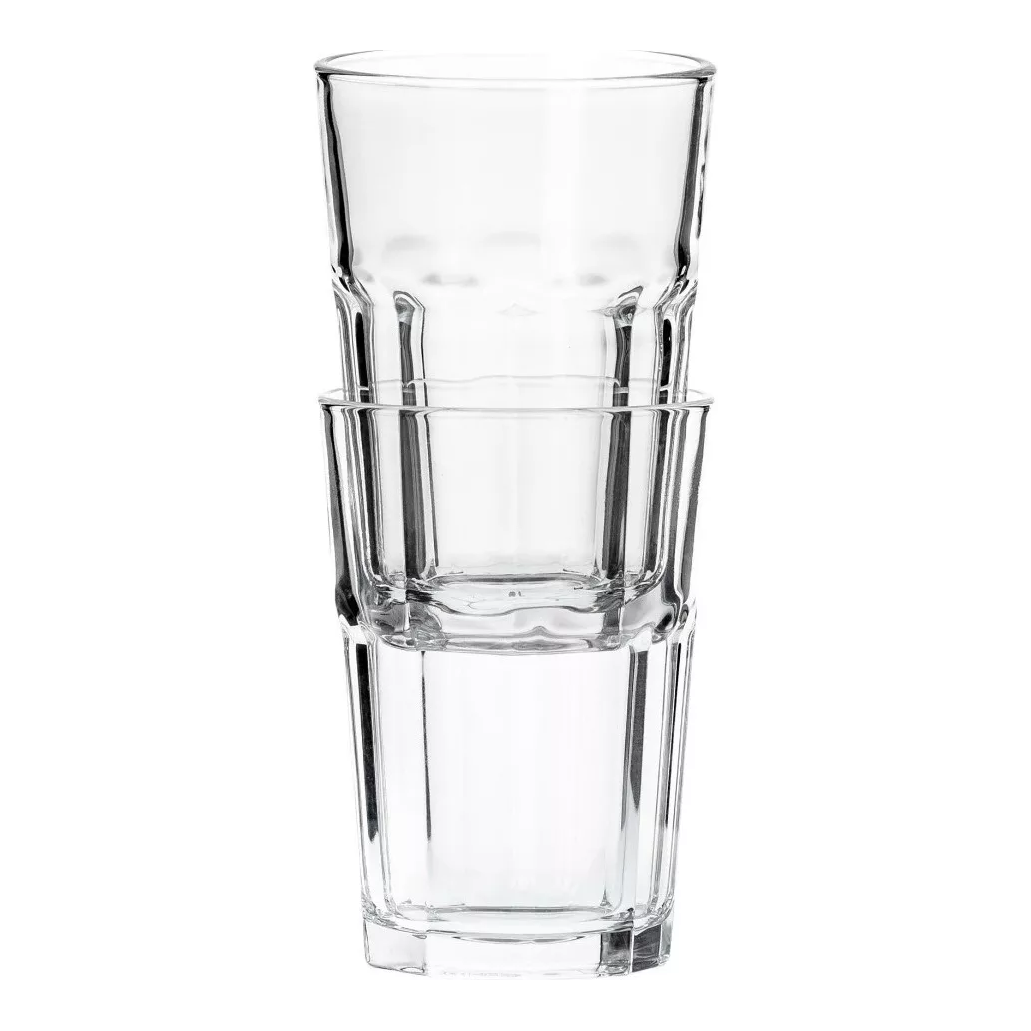 Vasos de vidrio Borgonovo London apilados con diseño clásico y resistente