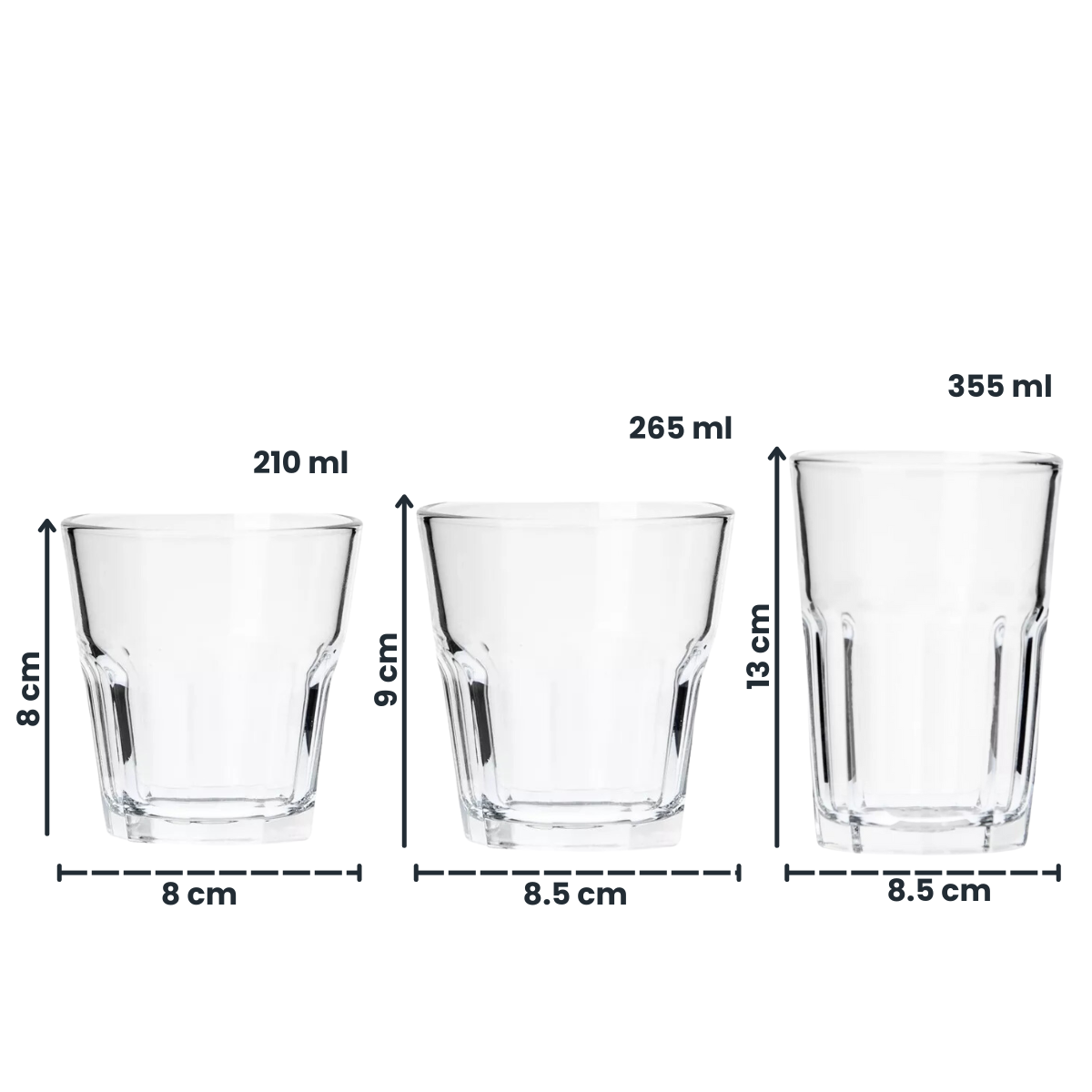 Vasos de vidrio Borgonovo London mostrando medidas y capacidades de 210 ml 265 ml y 355 ml