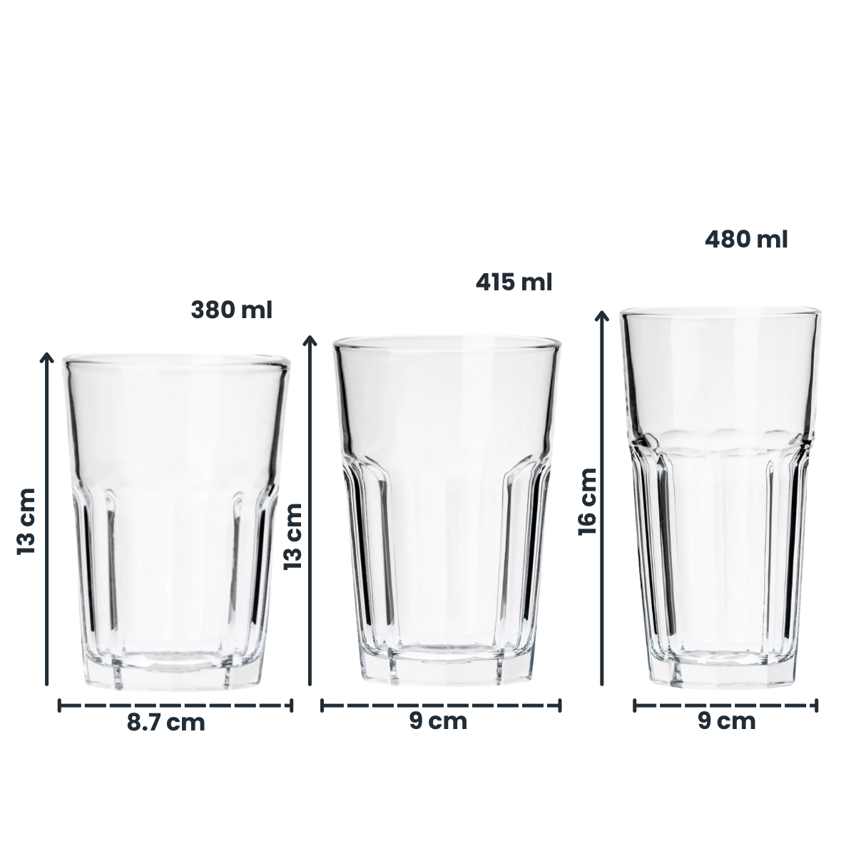 Vasos de vidrio Borgonovo London con capacidades de 380 ml 415 ml y 480 ml