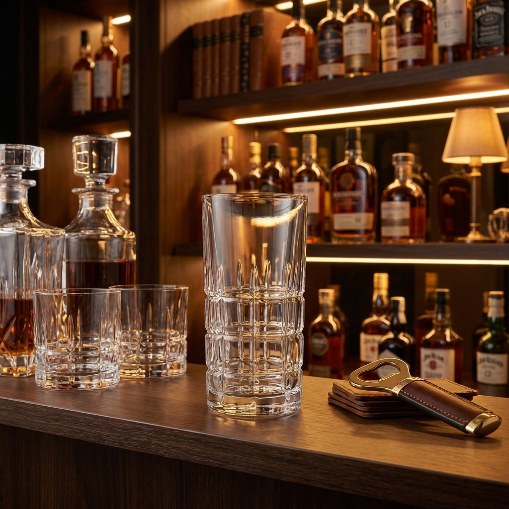 Set de vasos Lusion tipo cortado para cócteles y destilados en ambiente de bar