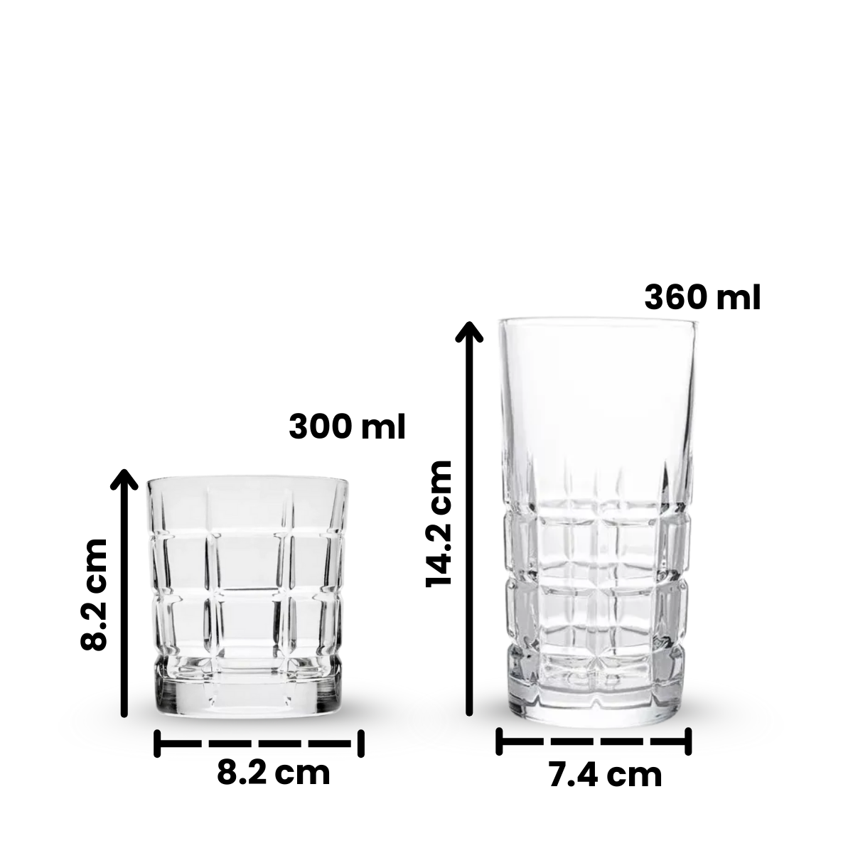 Vasos Lusion de vidrio tipo cortado mostrando medidas y capacidades disponibles