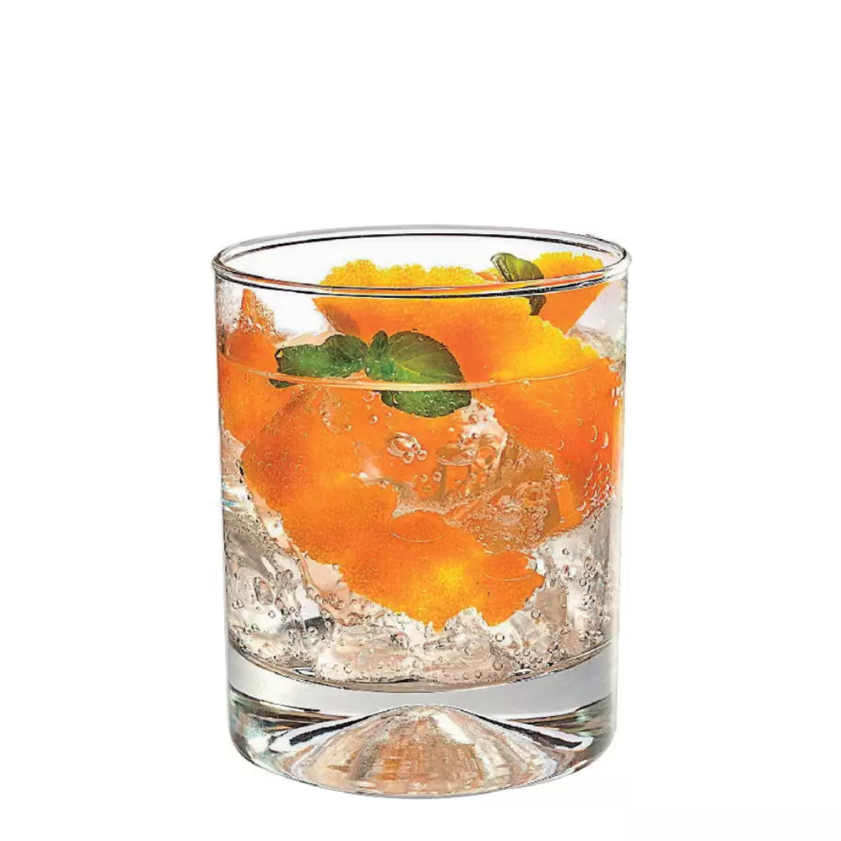 Vaso bajo Manhatan de vidrio con cóctel y hielo, base gruesa y diseño elegante