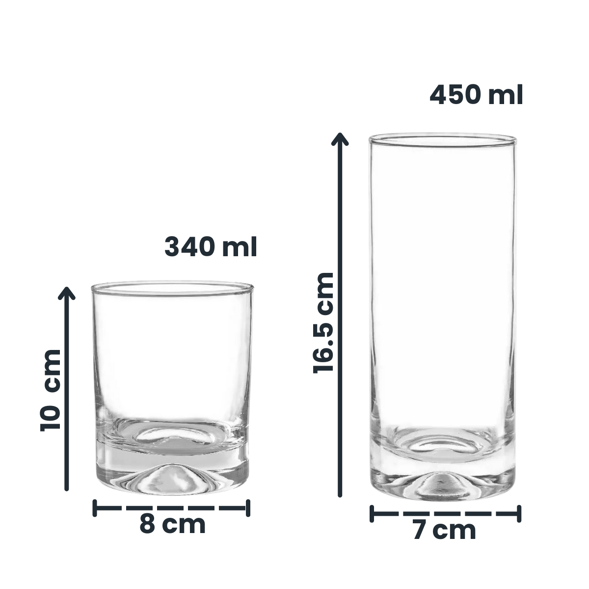 Medidas de vasos Manhatan de vidrio, vaso bajo de 340 ml y vaso alto de 450 ml con base gruesa