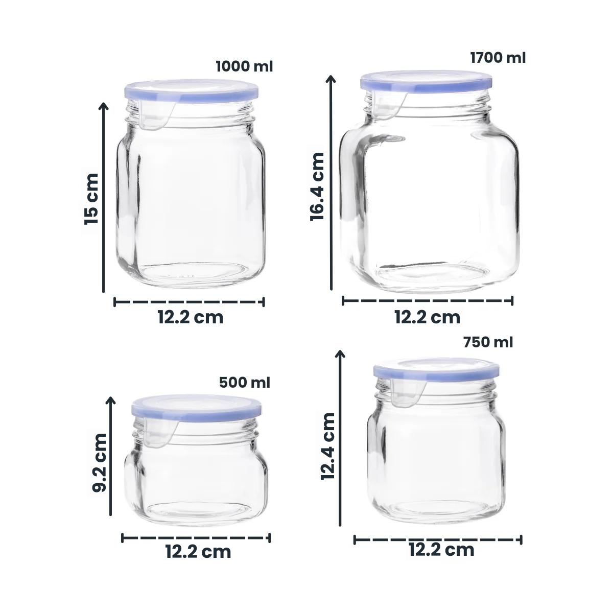 medidas de tarros de vidrio con tapa hermetica tipo topper para uso en cocina o despensa 