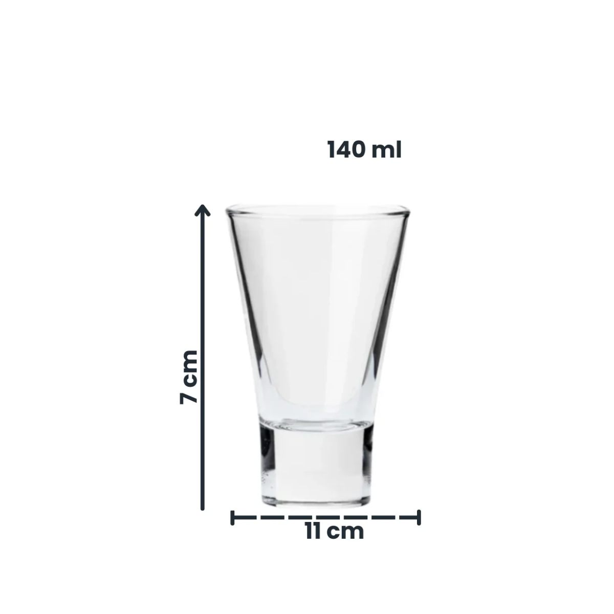 medidas y capacidad de vaso de vidrio 140 ml en fondo blanco.
