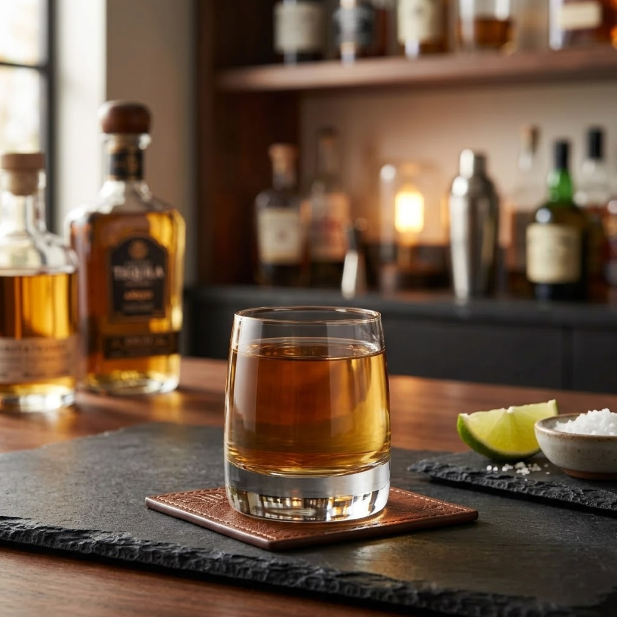tequileros pavo de 60 ml en barra de bar o casa moderna mesa de madera