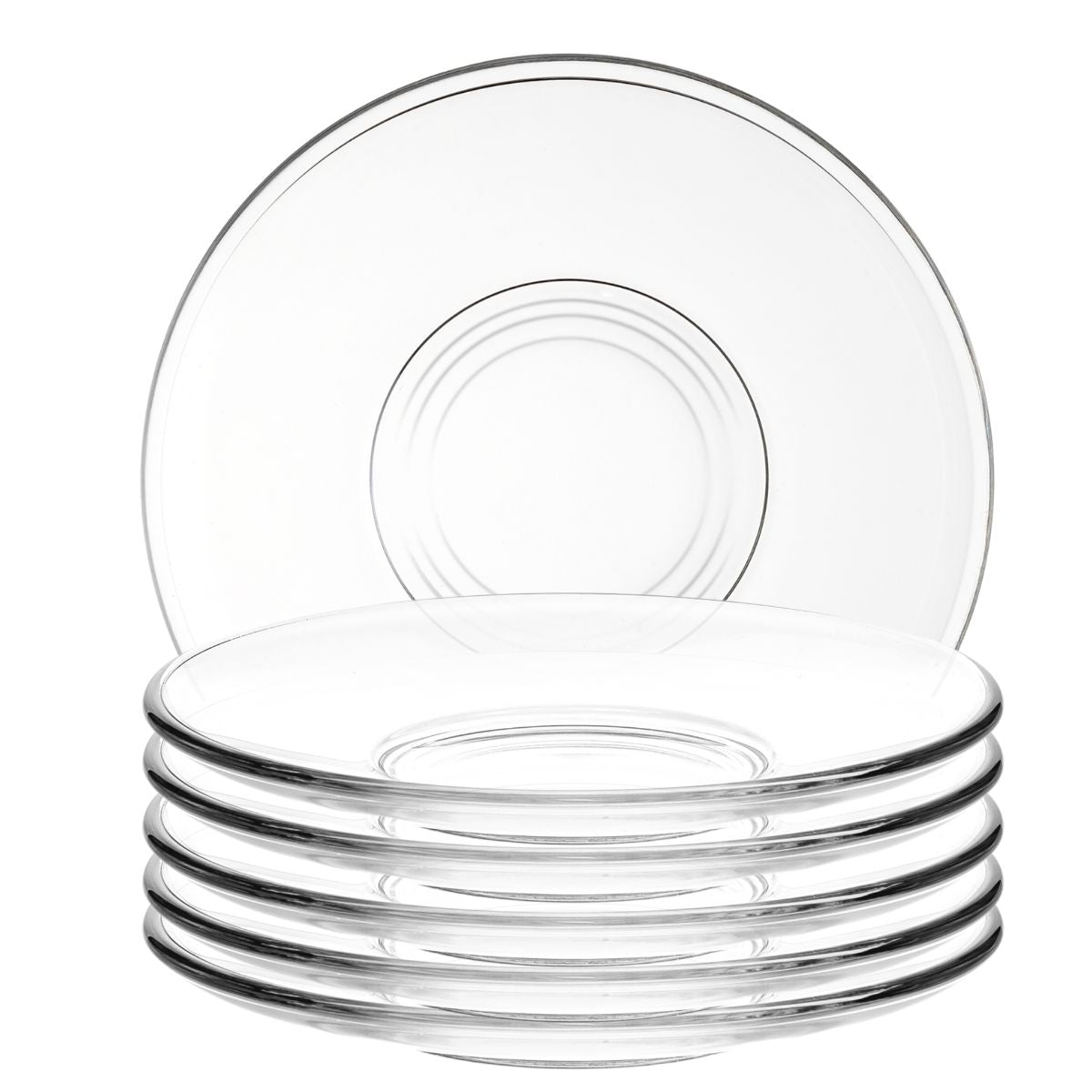 Juego de platos Pergamino apilados de vidrio transparente, complemento elegante para tazas de café o infusión.