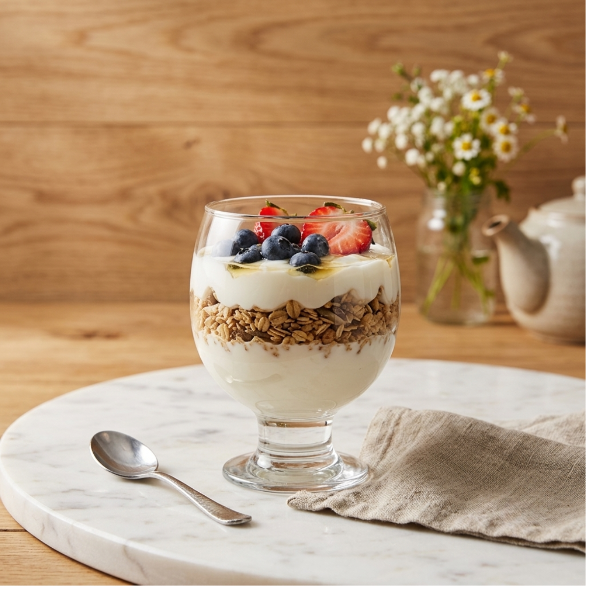 Una copa con pie lleno de un parfait de yogur con capas de granola crujiente, arándanos y fresas frescas, cubierto con miel. El vaso está sobre una tabla de mármol redonda con una cuchara de plata y una servilleta de lino gris, junto a un jarrón de flores de manzanilla silvestre en una mesa de madera.