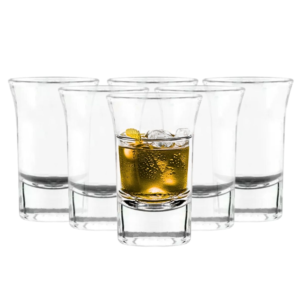 juego de 6 caballitos de vidrio para con alcohol en un fondo blanco