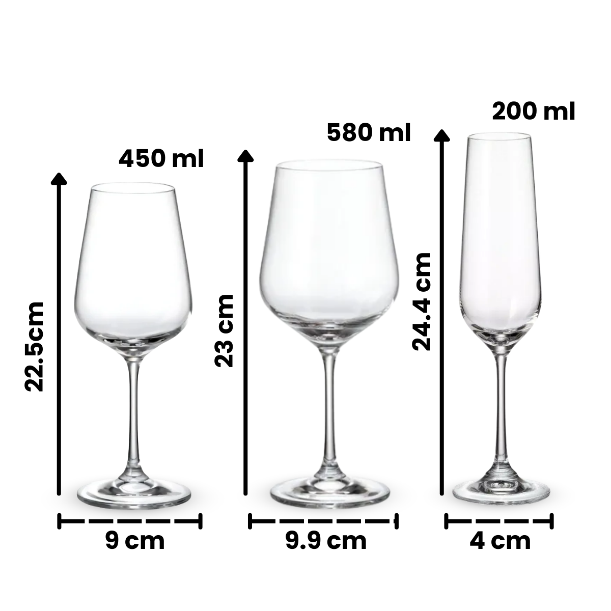 Medidas y capacidades de copas Strix 200 ml flauta 450 ml 580 ml para vino y champaña
