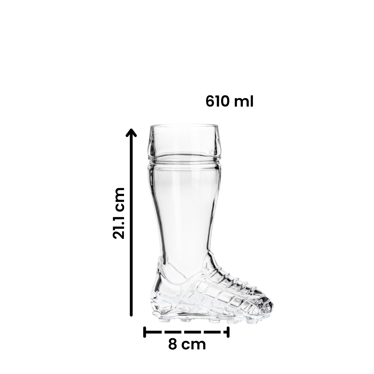 soccer boot tarro de cerveza con medidas en fondo blanco