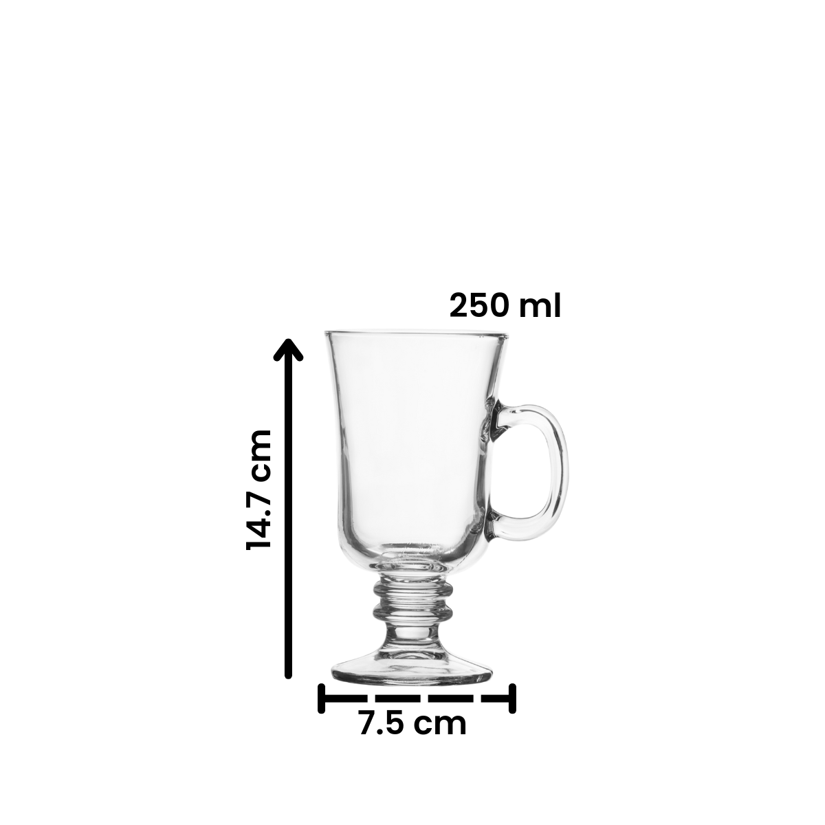 Taza Irish de vidrio con medidas de 14.7 cm de alto y 7.5 cm de ancho, capacidad de 250 ml, resistente al calor.