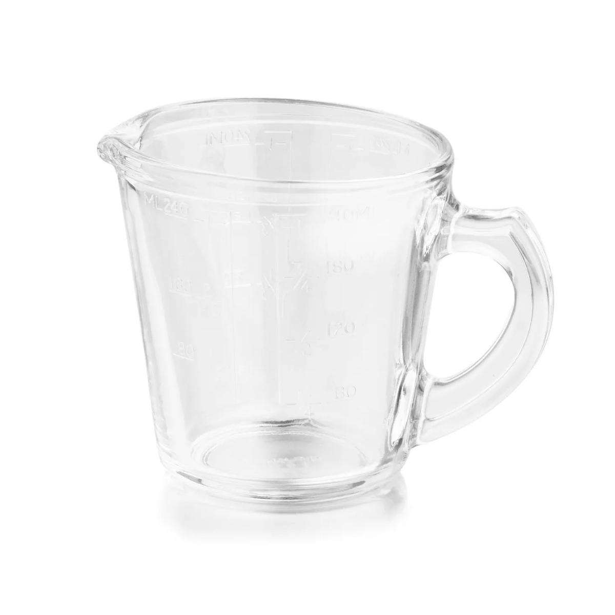Taza medidora de vidrio Pro Chef de 240 ml con marcas precisas, práctica para recetas de cocina y repostería.